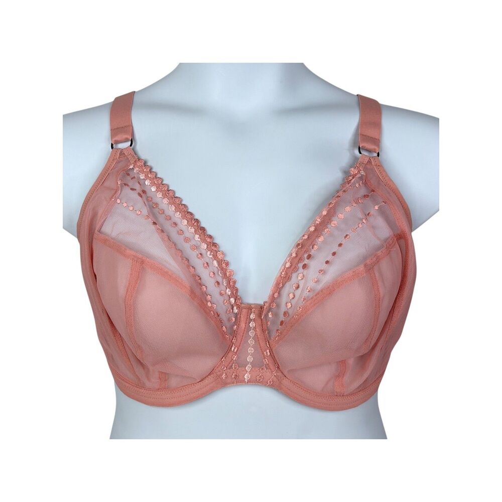 Elomi Matilda Plunge Bra sz 34H (UK) / 34K (US) * Rose Pink Dot Trim Sheer